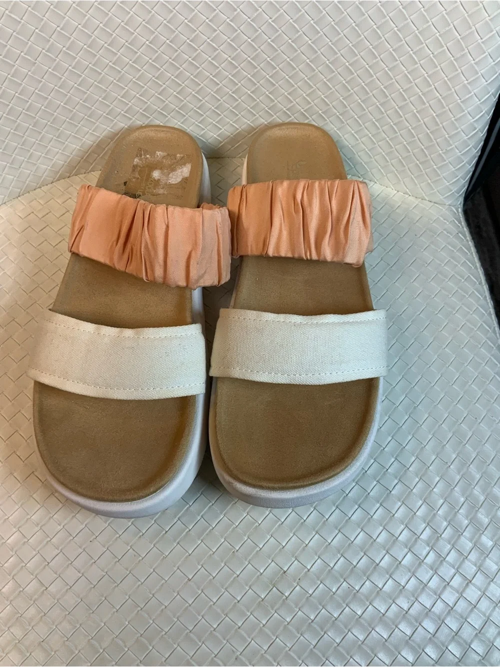 Koolaburra Peach and White Double-Strap Slide Sandals